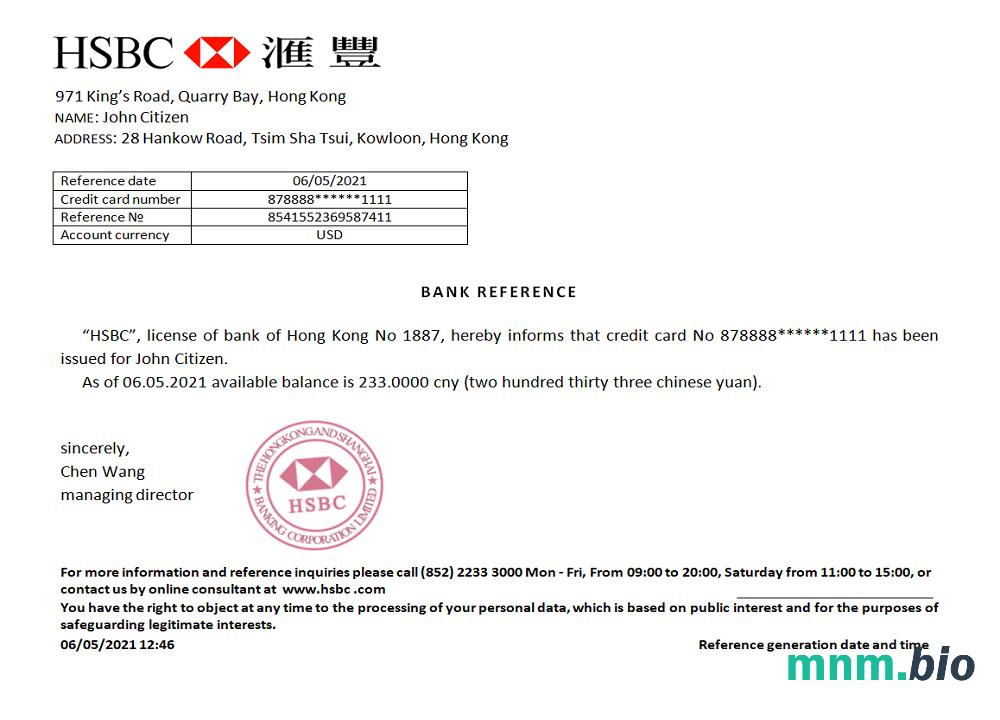 Przykład odniesienia HSBC w Hongkongu w formatach Word i PDF